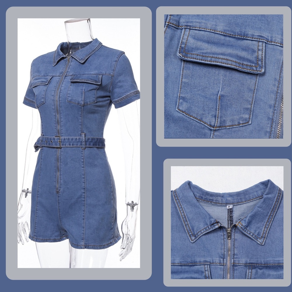 Denim Zipper Front Belted Fitted Romper NWT - Picture 5 of 8